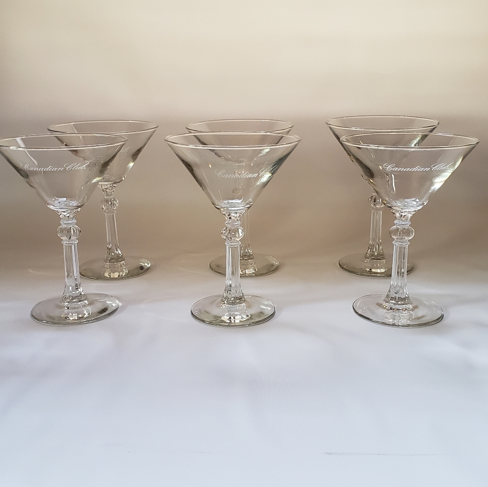 Canadian Club Knob Stem Etched Martini Glasses Set of 6